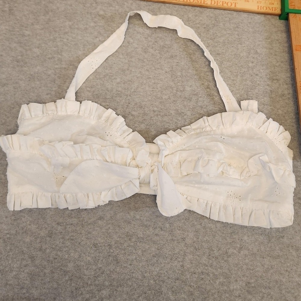 Billie Jo Retro Halter Crop Top Womens XL White Eyelet Ruffle Bralette Made USA